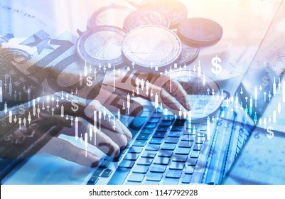 investment double exposure concept, financial charts for business analytics, dollar money and hands typing on computer, blue background
