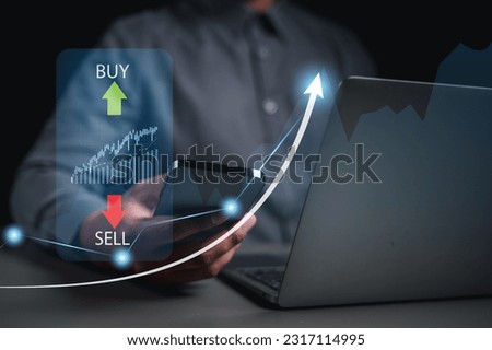 investment, graph, finance, loss, financial, buy, sell, price, risk, trader. touching smartphone for check my position of investment to take benefit or cut loss. graph is growth up. risk and loss.