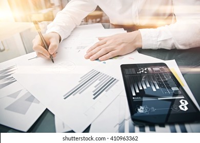 Investment Manager Working Process.Picture Trader Work Market Report Modern Tablet.Using Electronic Device.Graphic Icons,stock Exchange Reports Screen.Business Project Startup.Horizontal,film Effect