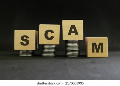Investment scam, fraud and Ponzi scheme concept. Stack of coins on wooden blocks with word scam in dark black background.
