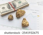 Investment sources on stock markets and financial concept: Front view on a silver bitcoin, crypto currency and a real raw gold piece. Objects reflection on black background with copy space.