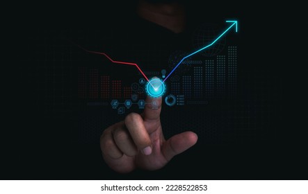 Investment technology, financial, return on investment - ROI concepts. Increasing arrow on digital tech chart and graph on dark background. Business growth, profit, solution, development and strategy.