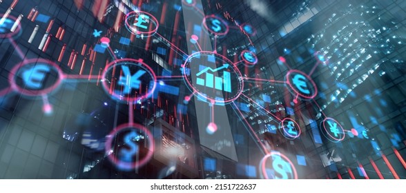 Investment And Trade Concept. World Currency Icons On City Background. Mixed Media.