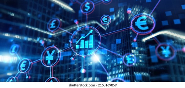 Investment And Trade Concept. World Currency Icons On City Background. Mixed Media.