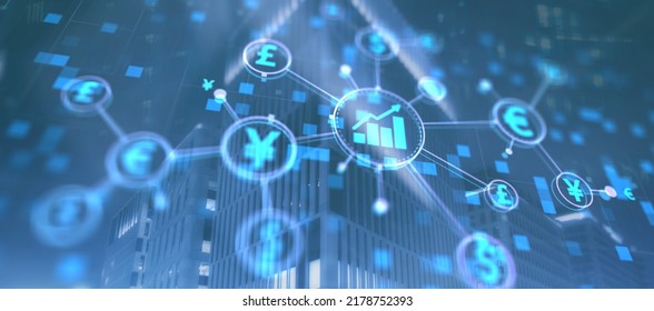 Investment And Trade Concept. World Currency Icons On City Background. Mixed Media.