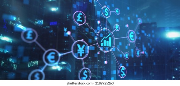 Investment And Trade Concept. World Currency Icons On City Background. Mixed Media.