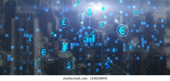 Investment And Trade Concept. World Currency Icons On City Background. Mixed Media.