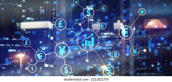 Investment And Trade Concept. World Currency Icons On City Background. Mixed Media.