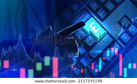 Investment in UK economy. Trader and Investment in pound sterling. Buying pound sterling currency. Trader hand presses English pound logo on keyboard. Illustration on theme of English currency