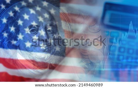Investments in the United States. Economy and finance of the United States. Investments in American assets. American flag and stock charts. American dollars. Money, quotes, capital.
