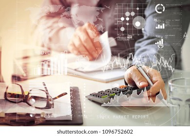 Investor analyzing stock market report and financial dashboard with business intelligence (BI), with key performance indicators (KPI).businessman hand working with finances about cost and calculator.