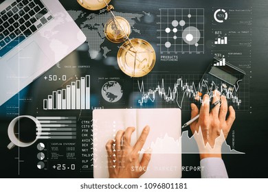 Investor Analyzing Stock Market Report And Financial Dashboard With Business Intelligence (BI), With Key Performance Indicators (KPI).justice And Law Concept.businessman Or Lawyer Or Accountant Works