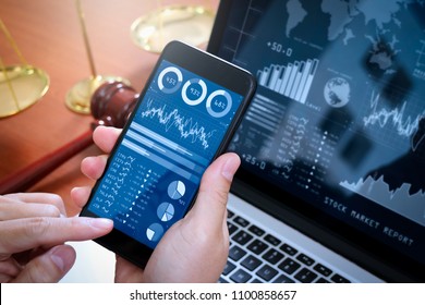 Investor analyzing stock market report and financial dashboard with business intelligence (BI), with key performance indicators (KPI).Lawyer using smart phone and computer laptop.