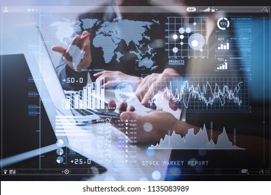 Investor analyzing stock market report and financial dashboard with business intelligence (BI), with key performance indicators (KPI).Business team meeting. Photo professional investor working.