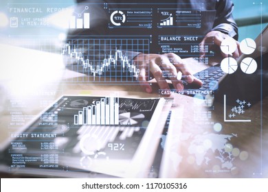 Investor analyzing stock market report and financial dashboard with business intelligence (BI), with key performance indicators (KPI).Businessman hand working concept. Documents finance graphic chart.