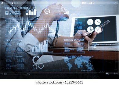 Investor analyzing stock market report and financial dashboard with business intelligence (BI), with key performance indicators (KPI).success businessman hand using eyeglass,smart phone - Shutterstock ID 1321345661