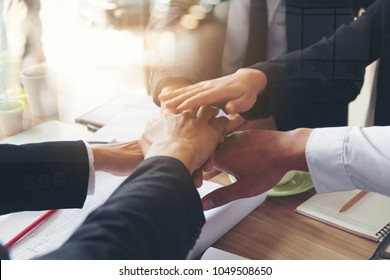 Investor Business Team Handshake With Partner Vendor, Collaboration Of CEO Leader Hand Shaking For Agreement Trusted Team Building Partnership And Alliance.  TEAMWORK Vision Mission