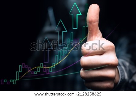An investor with a phone shows a thumbs up, against the backdrop of an ascending graph with high volatility and moving averages. Bullish trend with lines and arrows.
