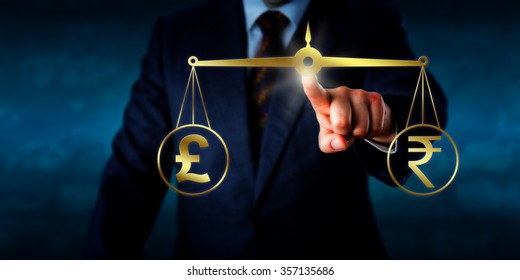Investor trading the British pound sterling at par with the Indian rupee. A golden pair of balances are keeping the pound sign and rupee currency symbol in equilibrium. Business concept for forex.
