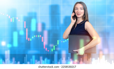 Investor woman makes phone call. Girl trader with laptop on blue. Businesswoman near falling graph. Concept of buying stocks on dip. Businesswoman is engaged in investments. Businesswoman career - Powered by Shutterstock