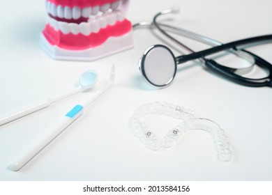 Invisalign Braces And Tools For Dental Care, Dental Healthcare And Orthodontic Concept.