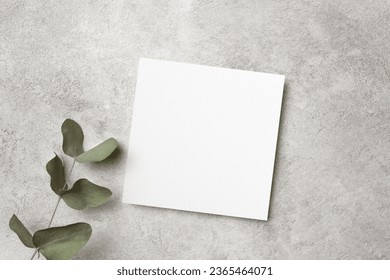 Invitation, flyer or greeting card mockup with natural eucalyptus twig, blank card mock up with copy space