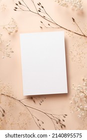 Invitation or greeting card mockup with dry twigs decorations on beige