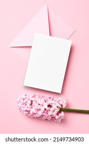 Invitation Or Greeting Card Mockup With Envelope And Pink Flowers, Blank Card With Copy Space