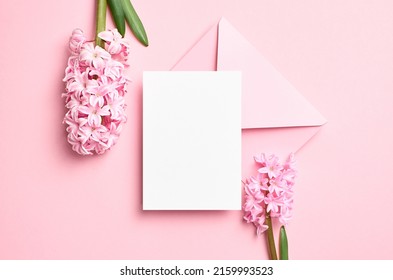 Invitation Or Greeting Card Mockup With Envelope And Pink Flowers, Blank Card With Copy Space