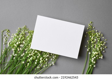 Invitation Or Greeting Card Mockup With Lily Of The Valley Flowers, Blank Card With Copy Space