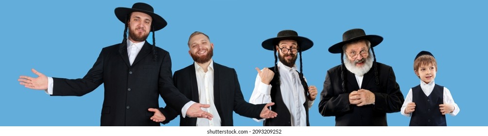 Invitation, Hospitality And Friendship. Set Of Portraits Of Mixed Aged Emotional Men, Orthodox Jewish Men Standing Together On Blue Background. Concept Of Emotions, Ad And Sales. Three Generation