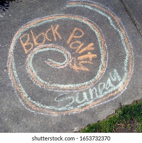 Invitation To Neighborhood BLOCK PARTY SUNDAY Drawn On Sidewalk With Colorful Chalk.