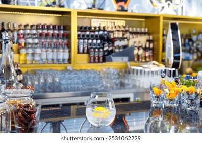 An inviting bar setup featuring a wide selection of spirits and garnishes, with a freshly prepared gin and tonic waiting to be served.