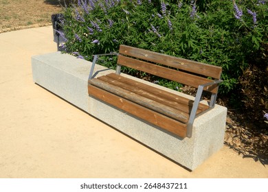 An inviting, empty public seating area surrounded by lush blooming lavender, perfect for relaxation in a city park.
