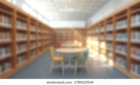 An inviting library interior featuring rows of bookshelves filled with books, complemented by round reading tables and chairs, creating a warm and scholarly atmosphere.
