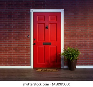 Inviting Red Front Door With Welcome Mat And Potted Fern Plant