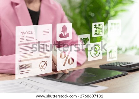Invoice and Billing Process Management Concept, Businesswoman Using Tablet to Send Digital Invoices to Clients Online Payment System Automation Accounts Receivable Debt Management Financial Workflow