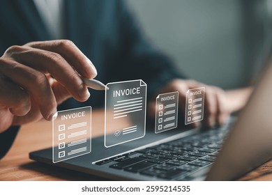 Invoice for payment, digital invoice document, e-invoice and Digital billing concept, man using laptop to manage electronic statements. E-tax, Online invoice processing and tax accounting solutions.