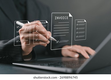 Invoice for payment, digital invoice document, e-invoice and Digital billing concept, Woman using laptop to manage electronic statements. E-tax, Online invoice processing and tax accounting solutions