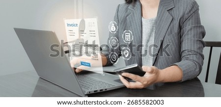 Invoice for payment, digital invoice document, e-invoice and Digital billing concept, man using laptop to manage electronic statements. E-tax, Online invoice processing and tax accounting solutions.