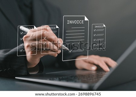 Invoice for payment, digital invoice document, e-invoice and Digital billing concept, Woman using laptop to manage electronic statements. E-tax, Online invoice processing and tax accounting solutions