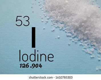 Iodine Is A Chemical Element Of The Periodic Table. Symbol For The Chemical Element Iodine With Atomic Data (atomic Number, Mass And Electron Configuration) And Kitchen Iodized Salt In The Background.