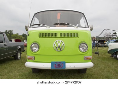 IOLA, WI - JULY 12:  Front of 1971 Volkswagen VW Van Green Car at Iola 42nd Annual Car Show July 12, 2014 in Iola, Wisconsin.