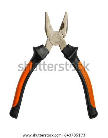 Iolated Grungy Pliers With Plastic Orange Handle On A White Background