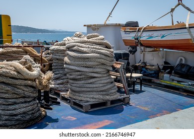 Ionian Sea, Greece-05.24.2022. Heavy Duty Ropes Onboard A Greek Ferry Boat.