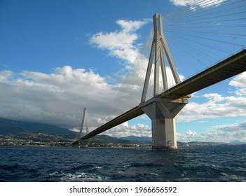 IONIAN SEA, GULF OF CORINTH, GREECE - SEPTEMBER 20, 2016: The Rio–Antirio Bridge, officially the Charilaos Trikoupis Bridge, is one of the world's longest multi-span cable-stayed bridges.