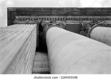 ionic column capitals, bottom view, film photography