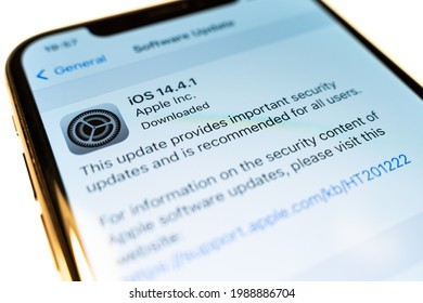 IOS Software Update Page In Apple IPhone Settings. Downloading And Installing System And Security Updates For Apple's Mobile Operating System. 
March 10, 2021, Kyiv Ukraine