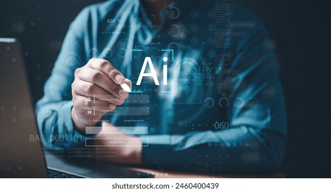 iot, artificial, algorithm, artificial intelligence, ai, brain, future, intelligence, learning, neural. A man is drawing the letter A on a computer screen. Concept of creativity and innovation.