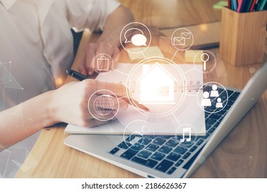 IOT drawing over writing hands in notepad background. Concept of smaert home. Multi exposure - Shutterstock ID 2186626367